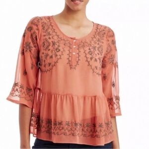 Free People Coral Embroidered Sheer  Blouse. Size Medium